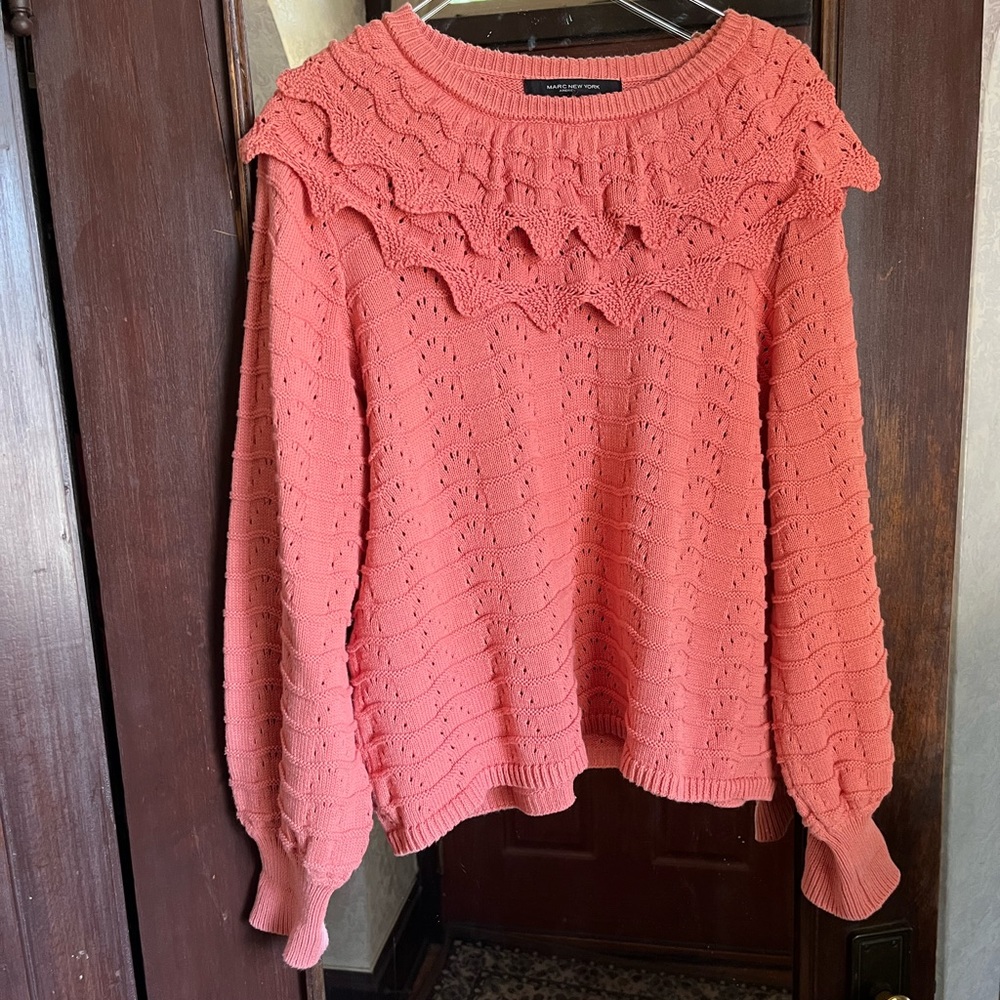Marc New York coral sweater with ruffle collar and balloon puff sleeves